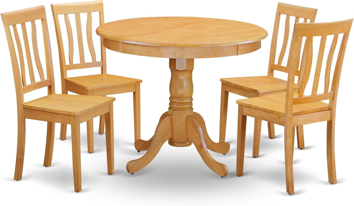 East West Furniture ANTI5-OAK-W 5 Piece Dining Room Table Set Includes a Round Wooden Table with Pedestal and 4 Kitchen Dining Chairs, 36x36 Inch, Oak