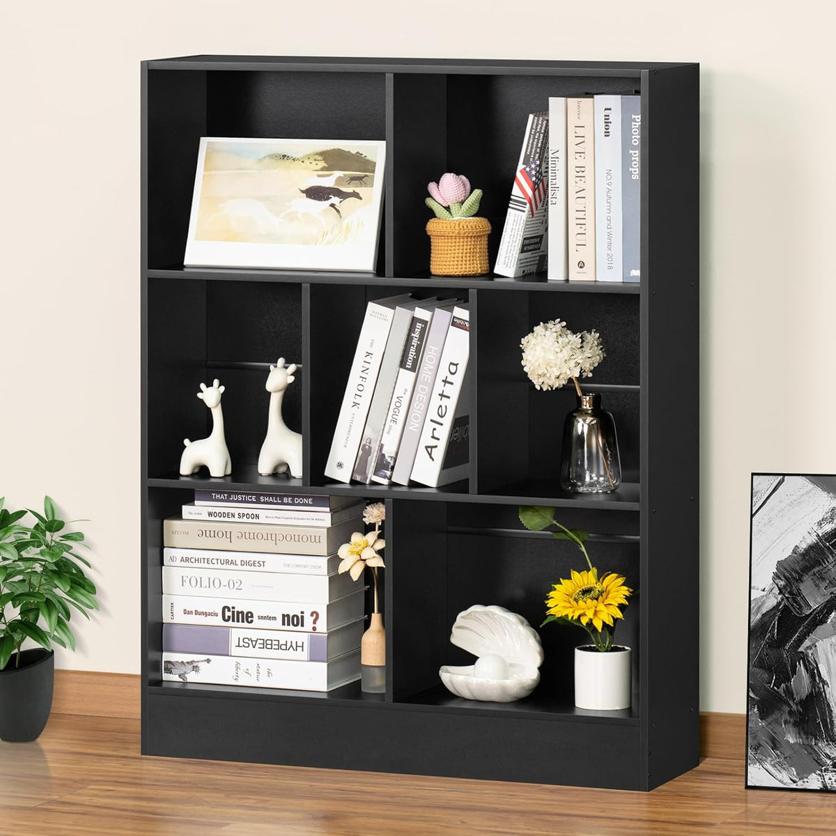 YAHARBO Black 7 Cube Bookshelf,3 Tier Modern Horizontal Bookcase,Wooden Low Book Shelf Display Storage Cabinet with Base,Floor Standing Short Bookshelves Open Organizer for Bedroom,Living Room,Office