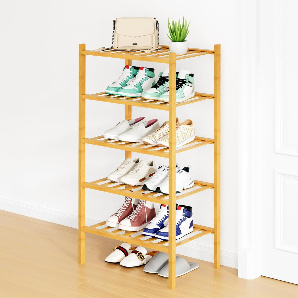 Smiry Shoe Rack, 5 Tier Small Bamboo Shoe Organizer, Stackable Free Standing Wooden Shoe Storage Shelf for Closet, Entryway, Front Door Entrance, Natural