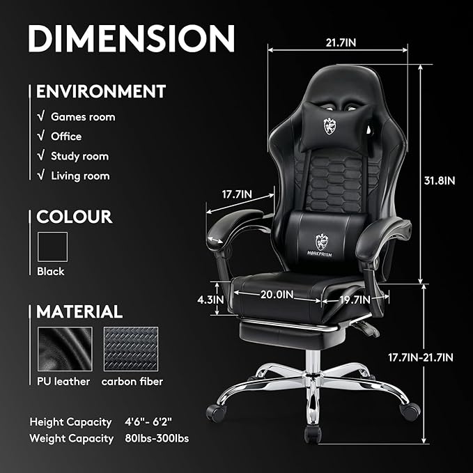 Gaming Chair,Computer Office Chair with Footrest,Massage Lumbar Support and Gel Pad,Ergonomic Reclining Adjustable Leather Gamer Chair with Headrest and Spring Cushion Black