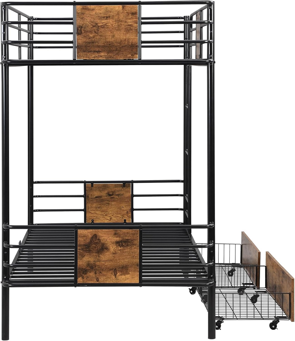 Twin XL Over Twin XL Metal Bunk Bed with MDF Board Guardrail,an Integrated Ladder,Full-Length Guardrails and Two Storage Drawers,Industrial Modern bunk-Bed,No Box Spring Needed,Black