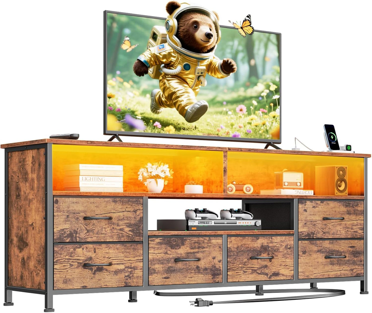 Furologee 55" LED TV Stand for Bedroom with Power Outlets, Entertainment Center with 6 Fabric Drawers for 50/55/60 inch TVs, Dresser TV Stand Long Console Media Table for Living Room, Rustic Brown