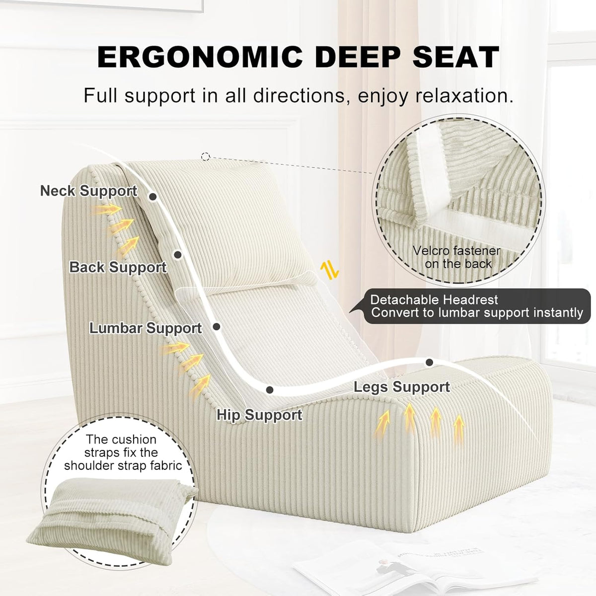 Giant Bean Bag Chair for Adults,Corduroy Chaise Lounge with Unrivaled Back Support, Detachable Neck Pillow, Comfortable Ottoman & Washable Cover for Living Room, Bedroom, Garden(White)