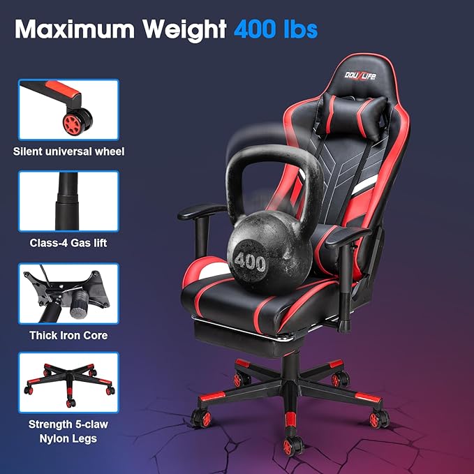 Douxlife 7-Point Massage Gaming Chair, 175° Gaming Recliner with Footrest Ergonomic Computer Office Chair High Back Video Game Chair with Lumbar Support, Upgraded Version, Red