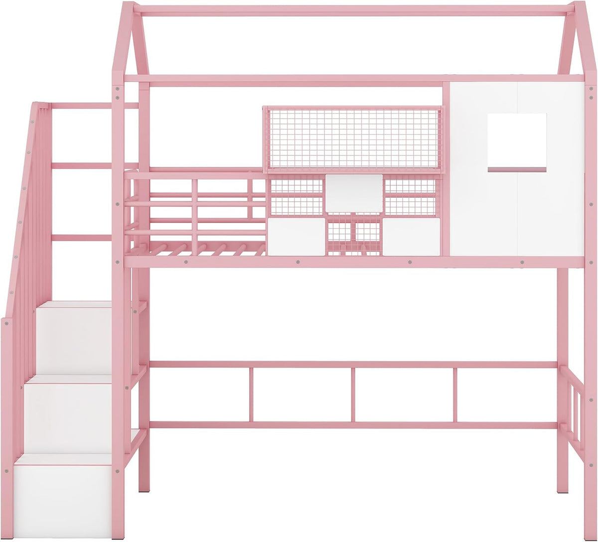 Twin Size Metal Loft Bed with roof Design and a Storage Box,House Shaped Stairway Metal Bedframe w/Guardrail & Roof Design, for Kids Boys Girls Bedroom, Pink