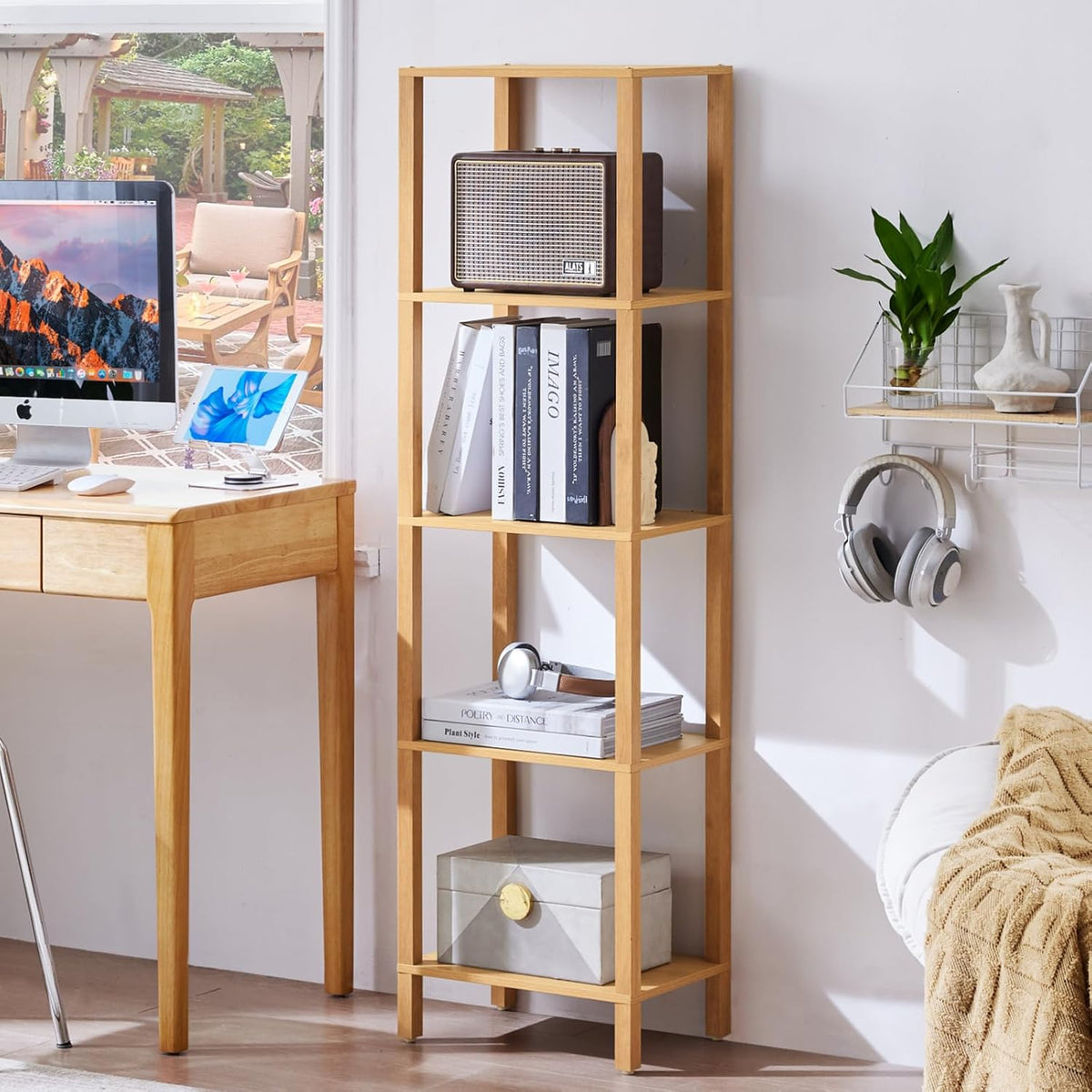 54in Tall Bookshelf 5-Tier Small Narrow Bookcase, Skinny Book Shelf for Small Space, Farmhouse Slim Shelf with Storage, Wood Freestanding Display Thin Bookshelves for Living Room, Natural