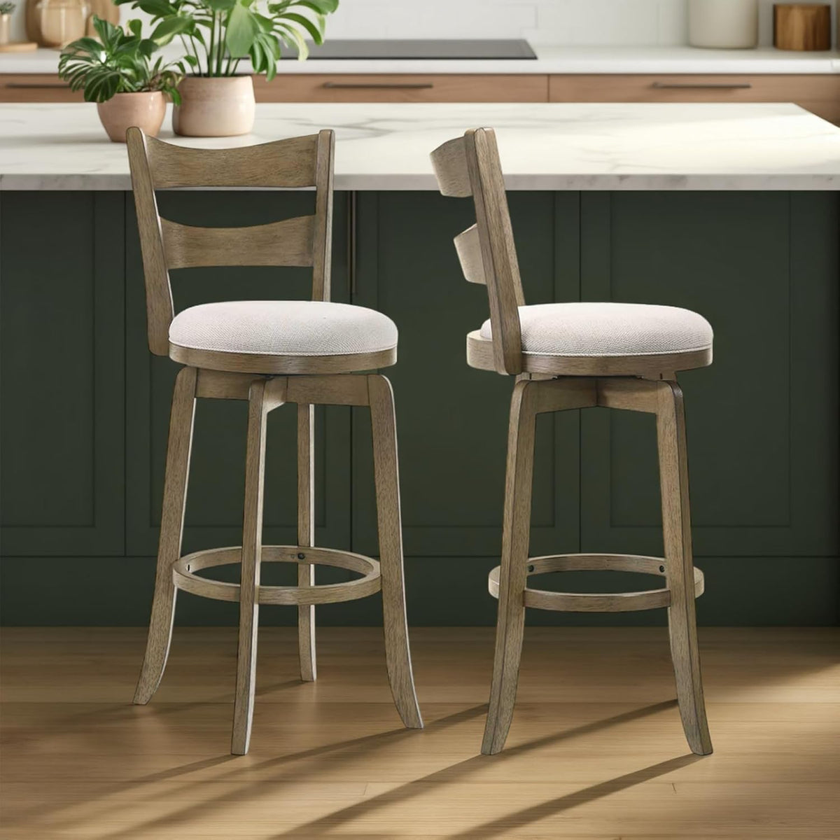 Armen Living Blair 26 in. Putty Brown Counter Height Rubberwood Swivel Barstool with Cream Fabric Seat - Set of 2