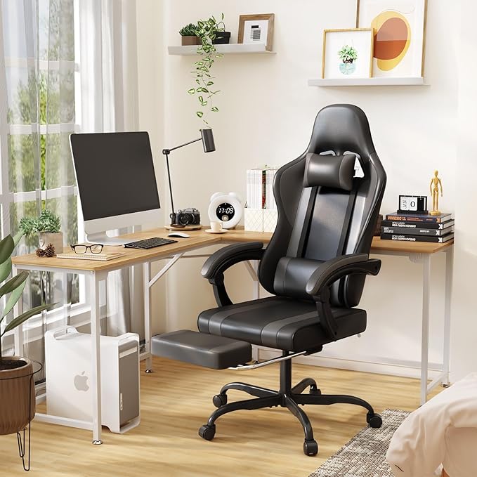 Gaming Chair with Footrest and Massage Lumbar Support, Height Adjustable Game Chair, Video Gaming Chair for Gaming Room, Living Room and Office - Black/Grey