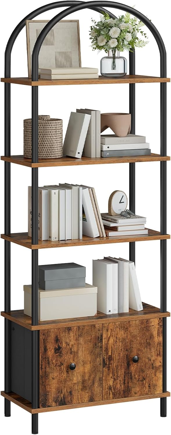HOOBRO 5-Tier Bookshelf, Arched Bookcase with 2 Drawers, Tall Industrial Style Display Rack, Modern Standing Bookcase with Metal Frame for Office, Bedroom, Kitchen, Rustic Brown and Black BF175SJ01