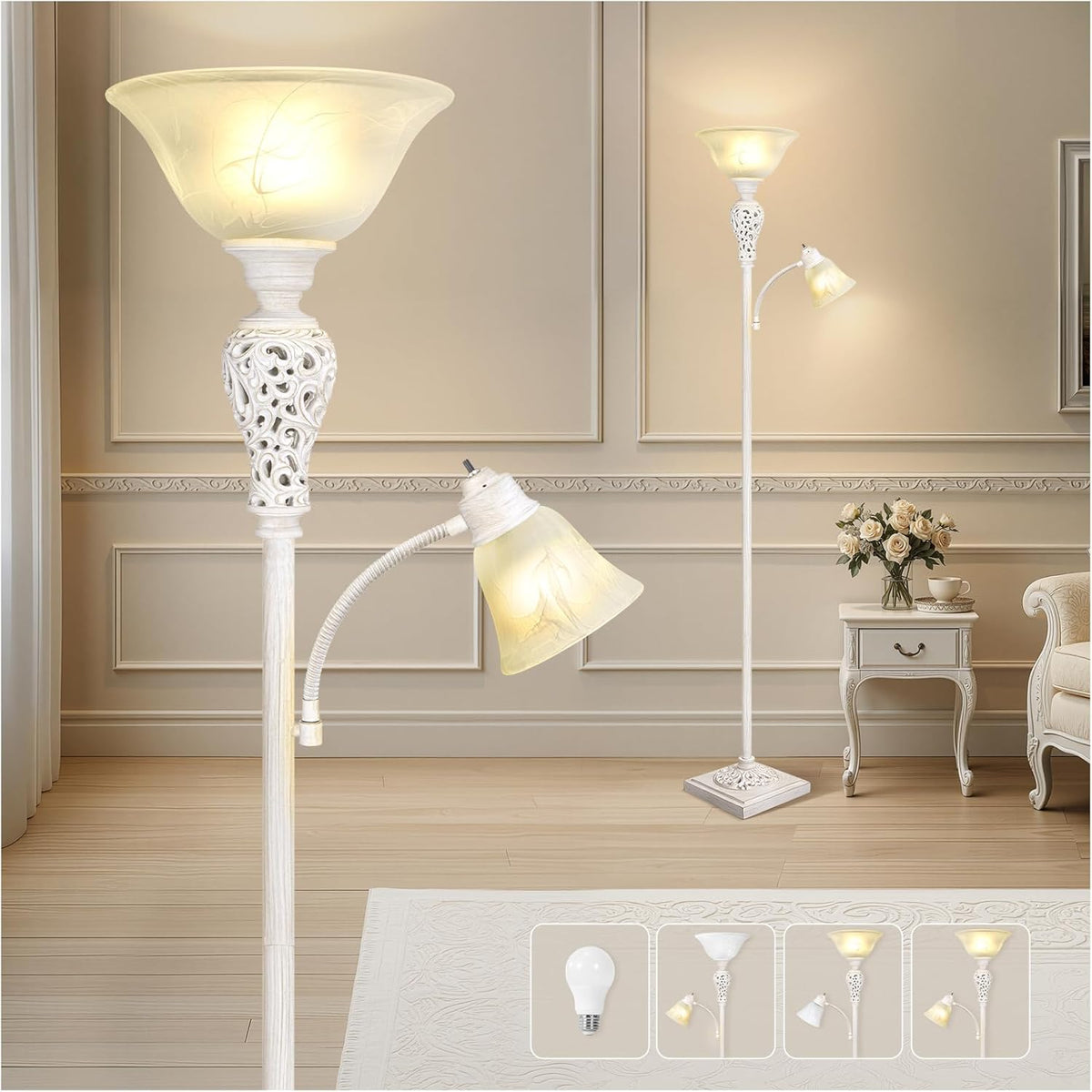 Torchiere Floor Lamp with Adjustable Reading Light, 72" Tall Vintage Lamp with White Glass Shade, Farmhouse Standing Lamp, Rustic LED Floor Lamp for Living Room Bedroom Office Corner, Bulbs Included