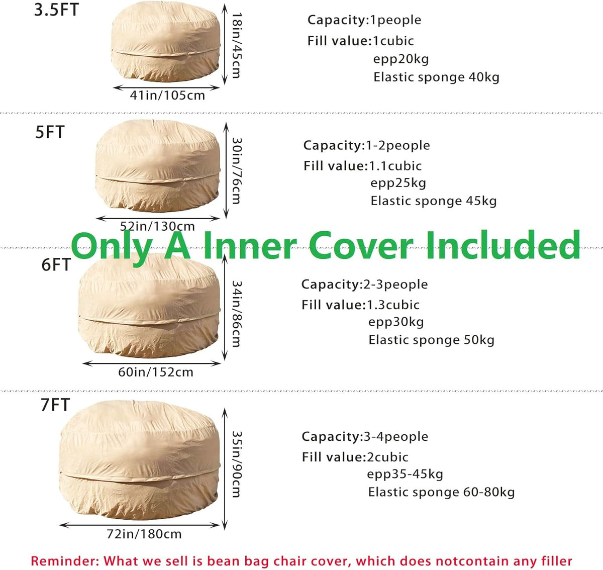 Reusable Beanbag Chair Inner Lining Cover for Pack Bean Filler EPP EPS Shredded Memory Foam and Wash Needs, 6 FT