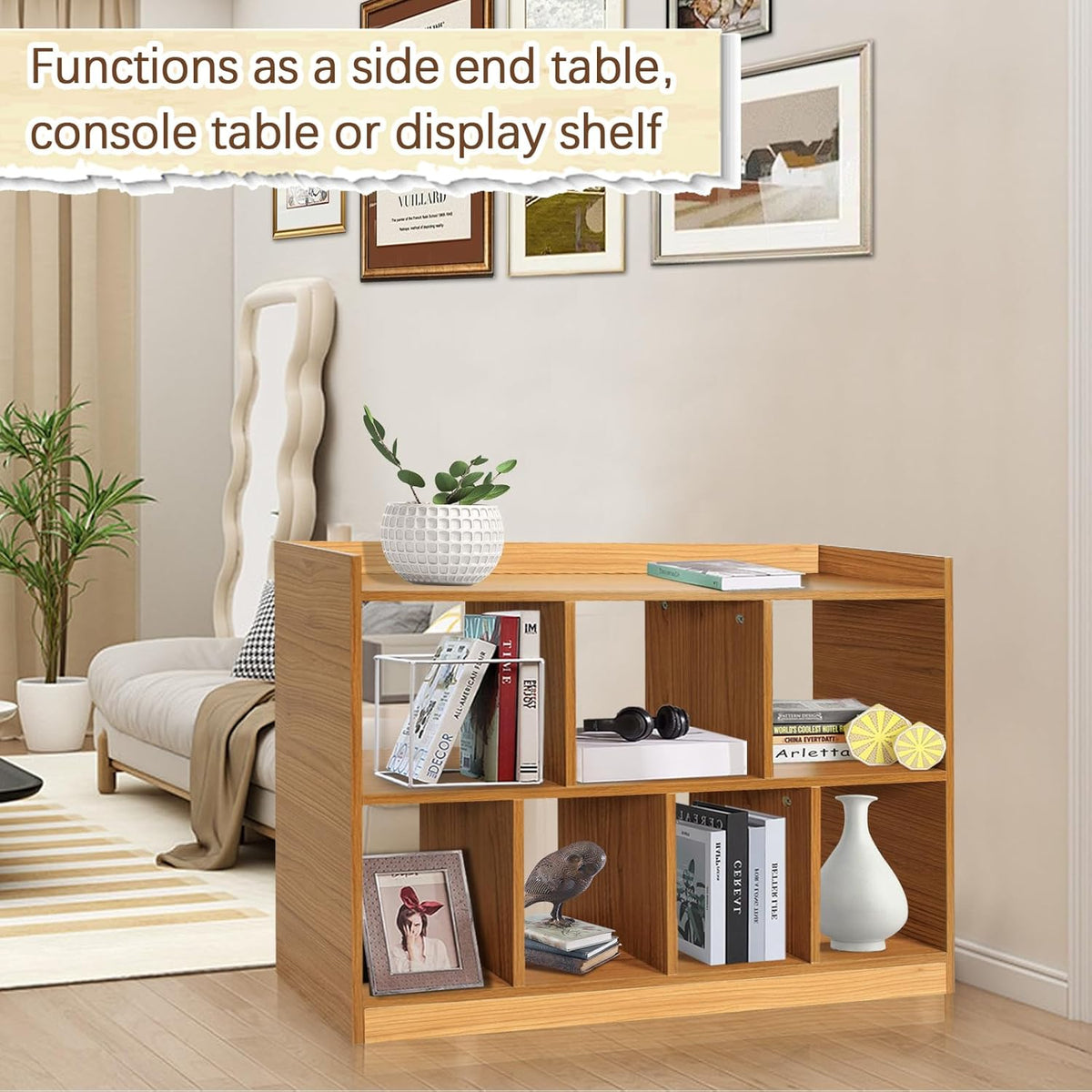 DOUSY- 7 Cube Bookshelf, Open Wooden Bookcase with Base, 2 Tier Cube Shelf Storage Organizer Shelf Display Rack Freestanding Horizontal Bookshelves for Bedroom, Living Room, Home Office