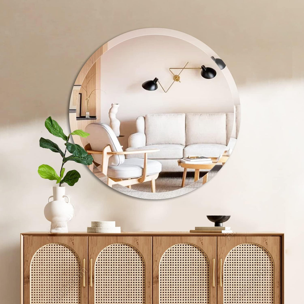32" Frameless Beveled Round Mirror with 1" Edge for Bathroom, Entryways, Vanity, Wall Decor