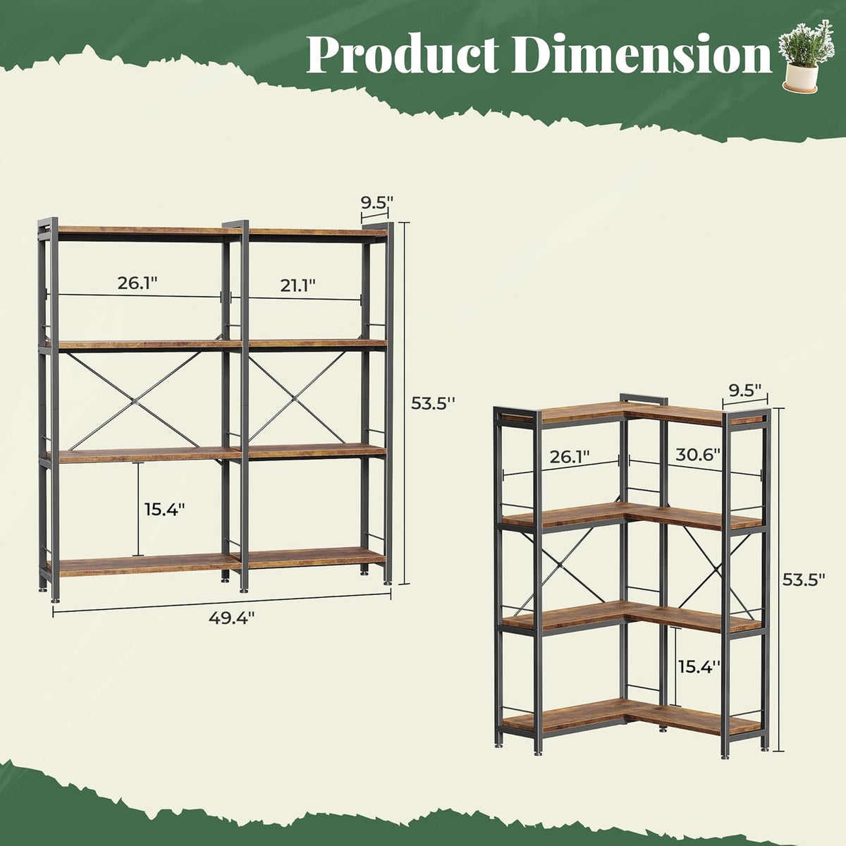 Huuger 4 Tier Bookshelf, L Shaped Corner Bookshelf with 8 Open Shelves, 49.4 Inch Straight Wide Bookcase with Metal Frame and Wooden Board, Adjustable Feet, Rustic Brown