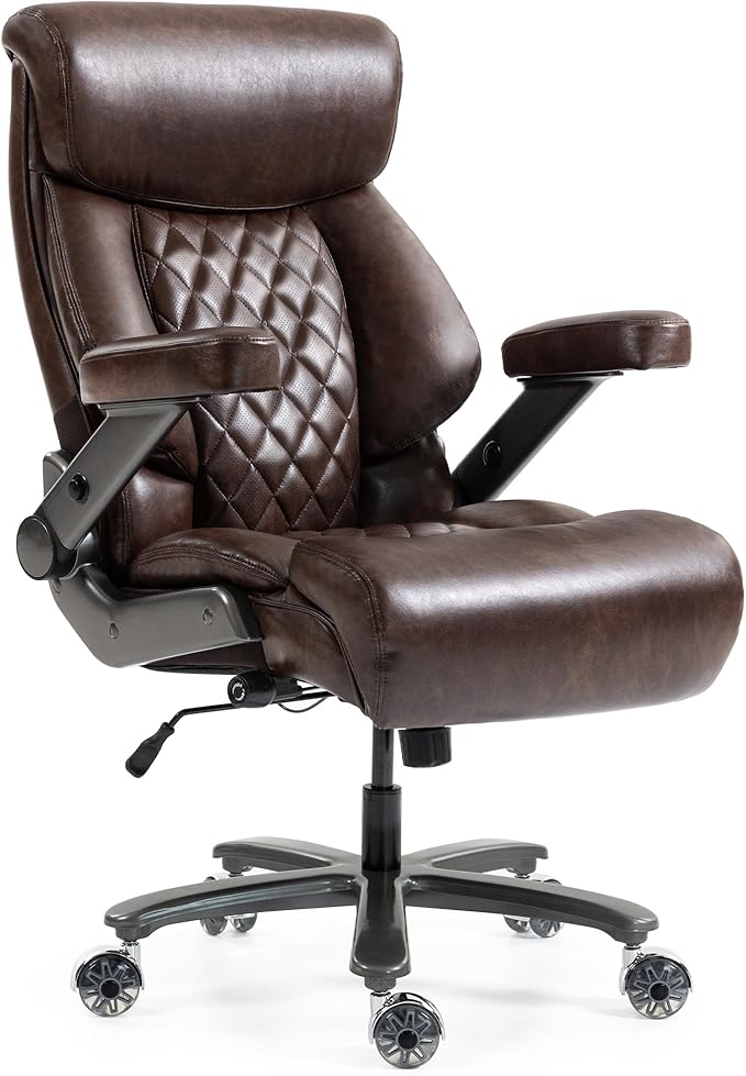 DYHOME 700LBS Heavy Duty Office Chair with 4d Armrest, Big and Tall Office Chair, Ergonomic Computer Chair with Airbag Lumbar Support, Wider Thicker Seat Cushion, PU Comfy Office Desk Chairs, Brown