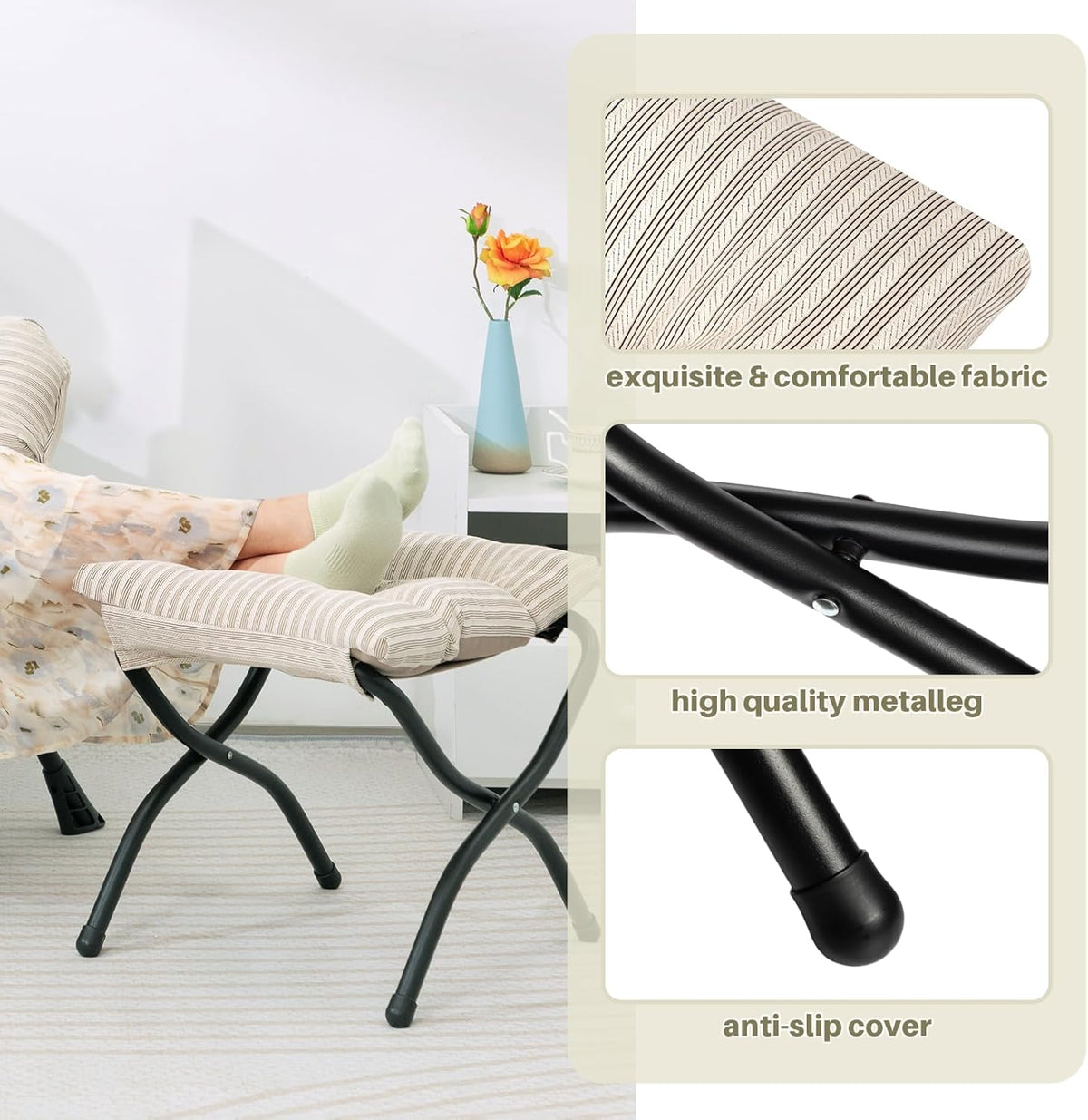 HollyHOME Fabric Lazy Chair with Foldable Ottoman, Accent Comfy Lounge Arm Chair and Folding Footrest Stool Set, Leisure Sofa Reading Chair and Footstool for Living Room, Bedroom, Dorm, Beige Stripe
