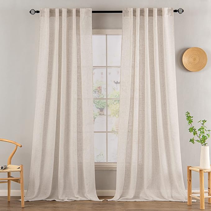 MIULEE Natural White Linen Curtains 132 Inch Length 2 Panels