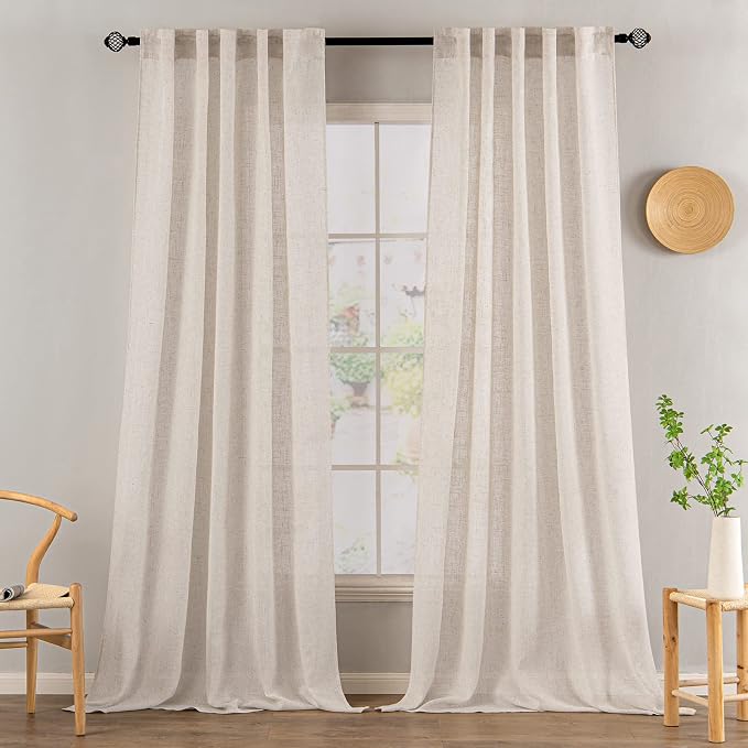 MIULEE Natural White Linen Curtains 96 Inch Long 2 Panels