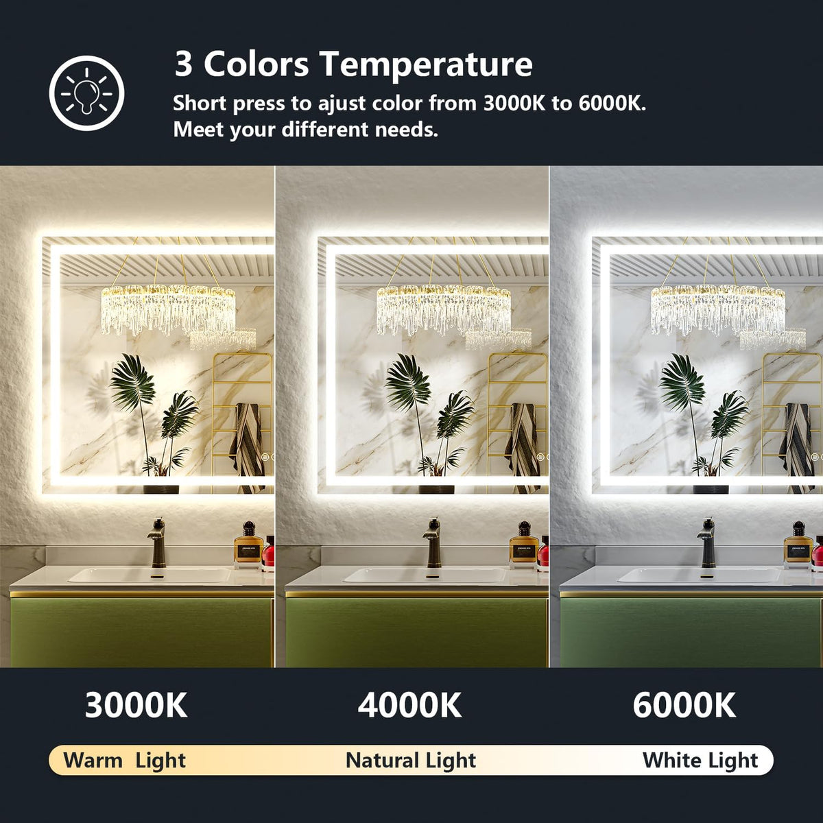 68x36 Inch LED Bathroom Mirror with Lights Front and Backlit Lighted Vanity Mirror for Bathroom Wall with 3 Colors Dimmable Anti-Fog Memory Shatter-Proof IP54 Waterproof Horizontal/Vertical