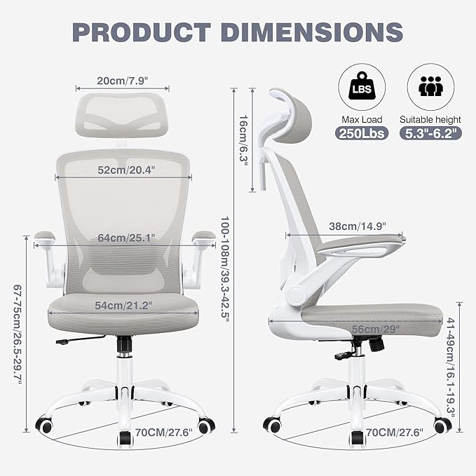 Office Desk Chair, Ergonomic Mesh Office Chair with Adjustable Lumbar Support, Headrest, Flip-up Armrests, Comfortable Computer Chairs for Home, Work, Gaming, Light Gray