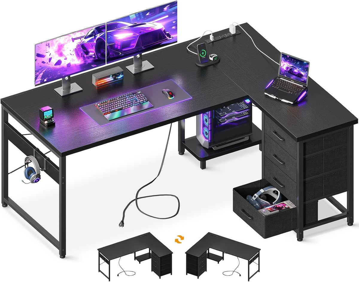 AODK L Shaped Gaming Desk with 4 Drawers, 53" Reversible Home Office Desks with Power Outlets, L Shaped Computer Desk with USB Charging Port and Host Stand, Corner Desk, Easy to Assemble, Black