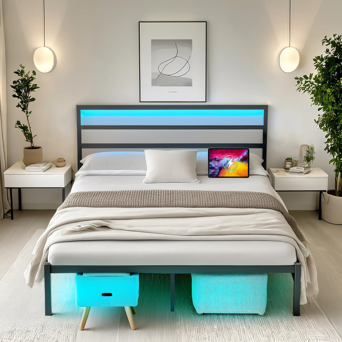 Queen Bed Frame with Headboard,Heavy Duty Steel Slats Support-LED Bed Frame with USB Charging Station,Mattress Foundation-Under Bed Storage,No Box Spring Needed,Noise Free，Black