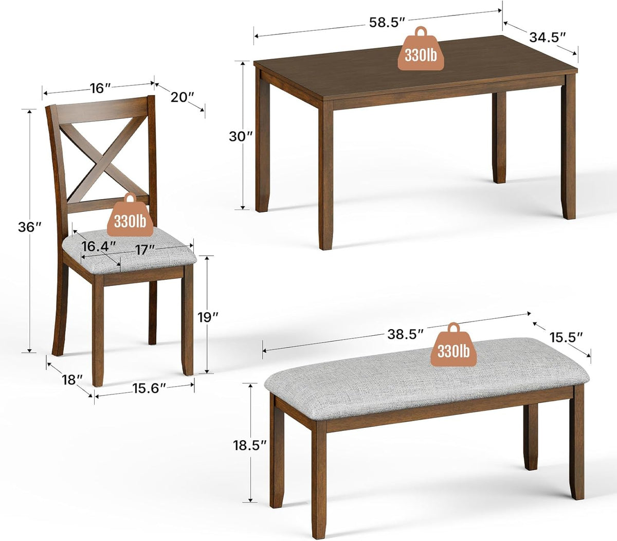 6-Piece Solid Wood Dining Table Set, Including 1 Dining Table, 4 Upholstered Chairs and 1 Bench, Wooden Dining Table Set for Kitchen, Dining Room, Walnut