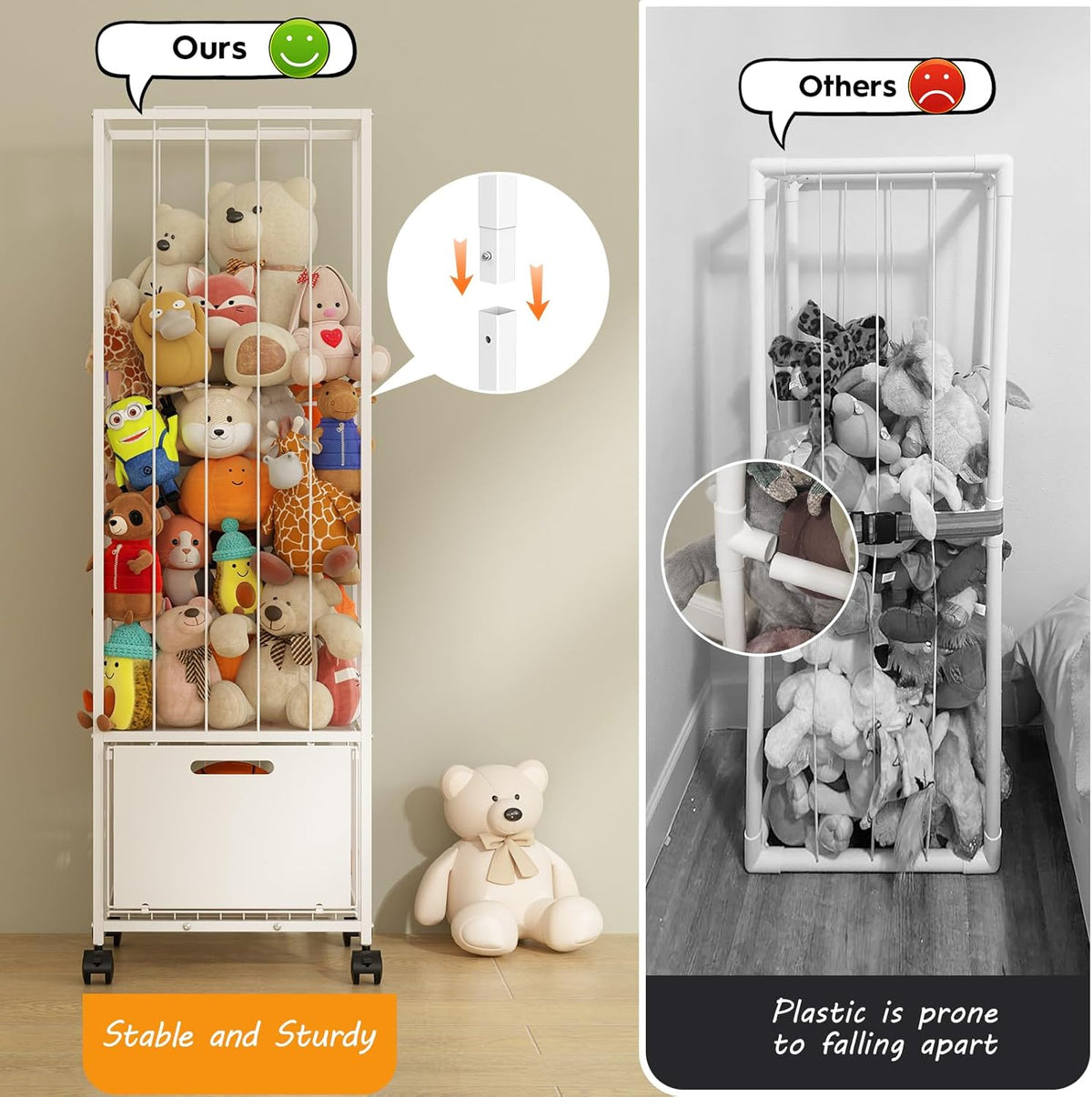 Bukfen Metal Stuffed Animal Storage Zoo Extra Large Stuffed Animal Holder Space Save Toy Organizer PVC with Basket and Wheels for Nursery Playroom Bedroom,D15.75 x W12.68 x H51.18 inch,White