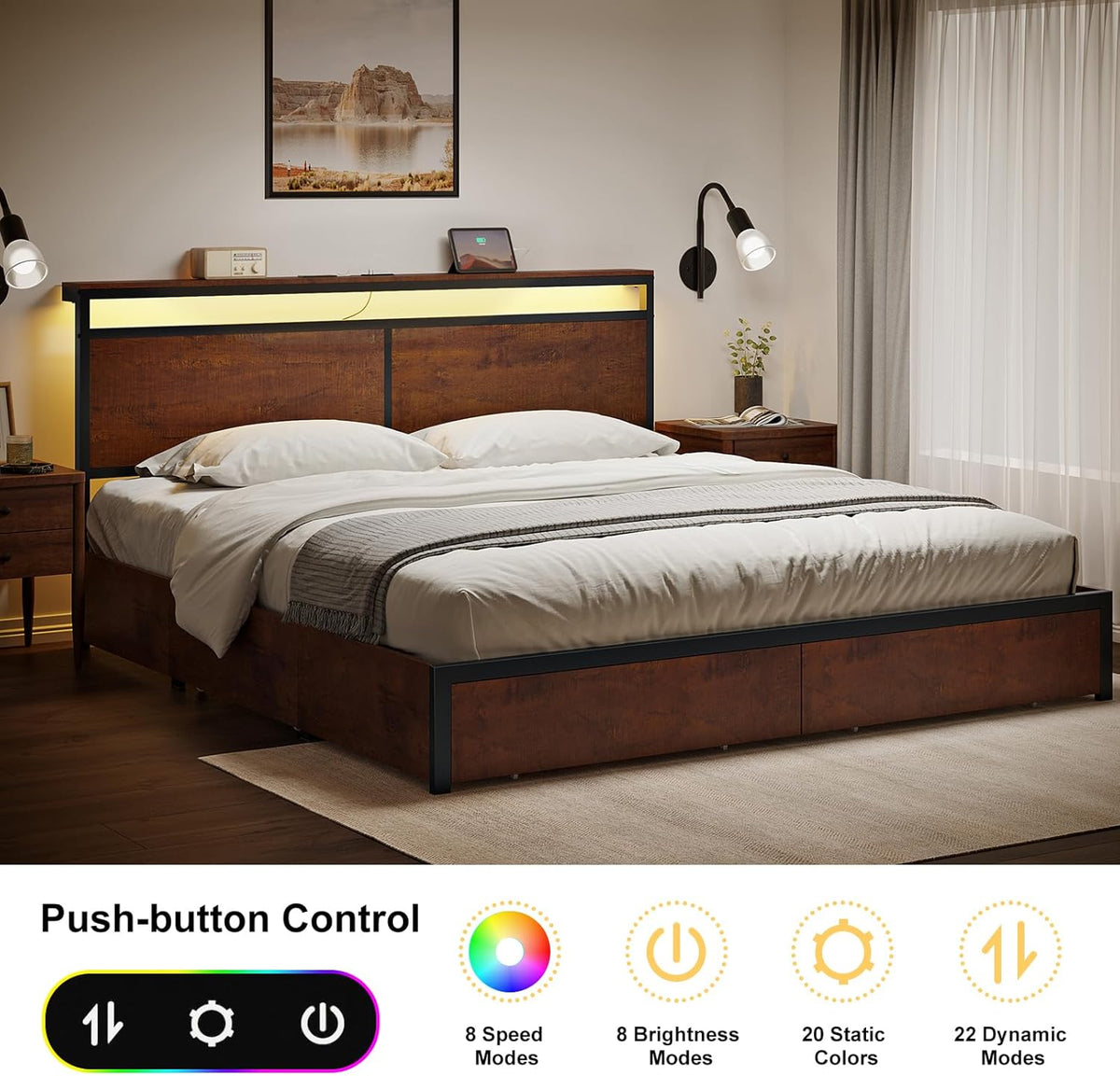 King Bed Frame with Storage Headboard and 4 Drawers Bed Frame King Size with Charging Station LED Lights Metal Platform Non-Slip Without Noise No Box Spring Needed