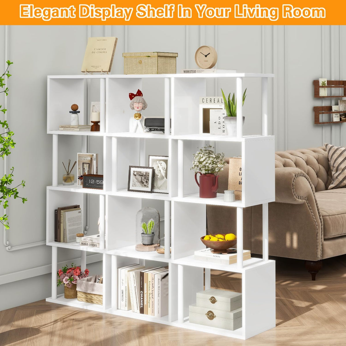 IBUYKE 5-Tier Tall Bookshelf,S-Shaped Geometric Bookcase, Wood Display Shelves with Storage,Modern Bookshelf for Living Room Bedroom, Home Office, White WBC015W