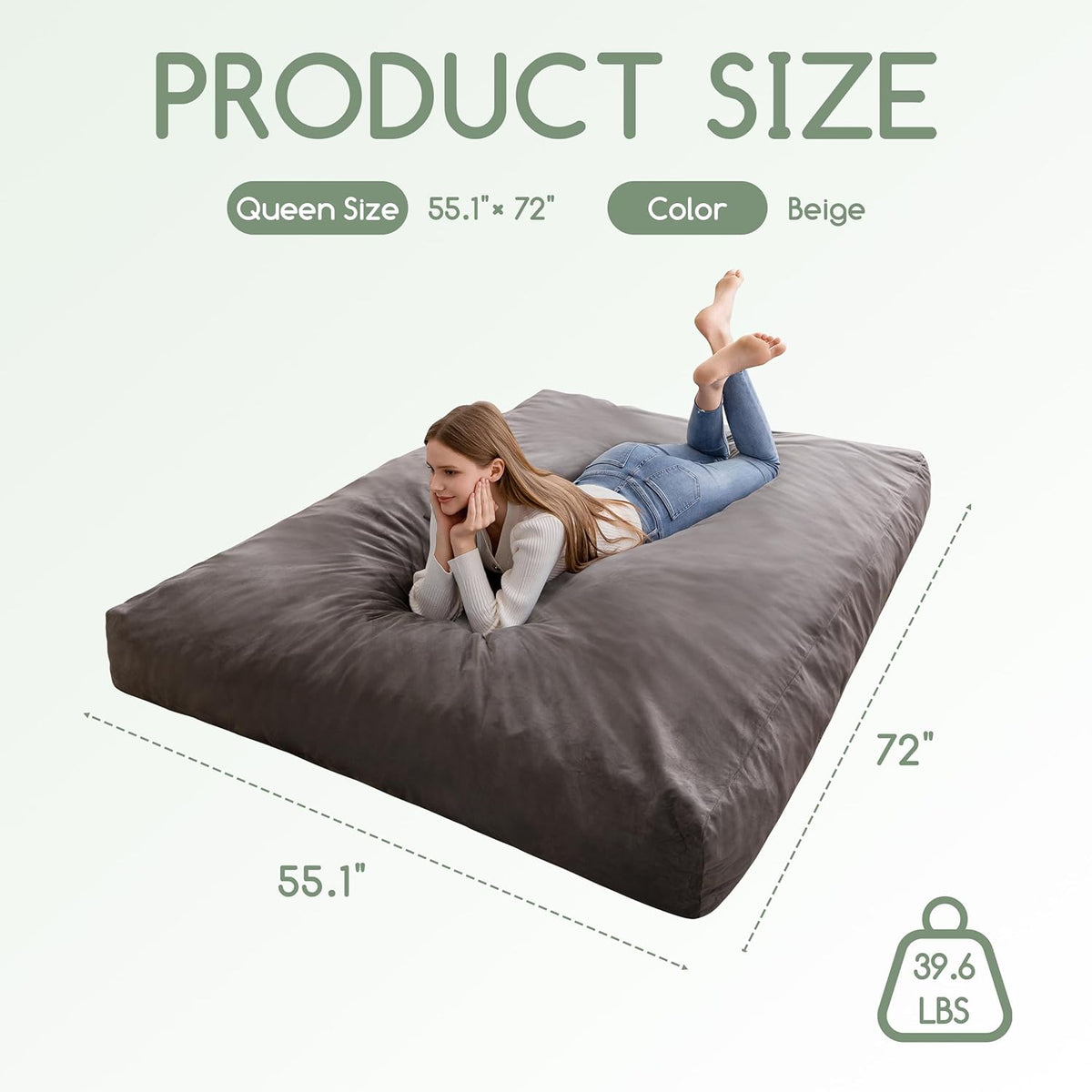Giant Bean Bag Chair Bed for Adults, Convertible Beanbag Folds from Lazy Chair to Floor Mattress Bed with Machine Washable Cover, Large Floor Sofa Couch with High-Density Foam Filling