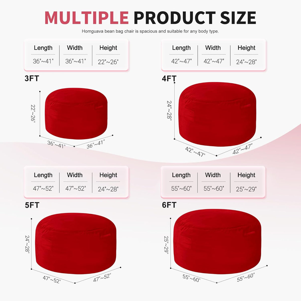 Homguava 6FT Bean Bag Chair Giant BeanBag with Memory Foam Filled, Large Bean Bag Chairs for Adults, Adult Bean Bag Chair with Dutch Velvet Cover for Living Room Bedroom-Red