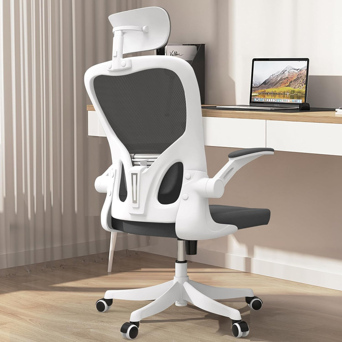 Monhey Office Chair, Ergonomic Office Chair with Lumbar Support & 3D Headrest & Flip Up Arms Home Office Desk Chairs Rockable High Back Swivel Computer Chair White Frame Black Mesh Study Chair