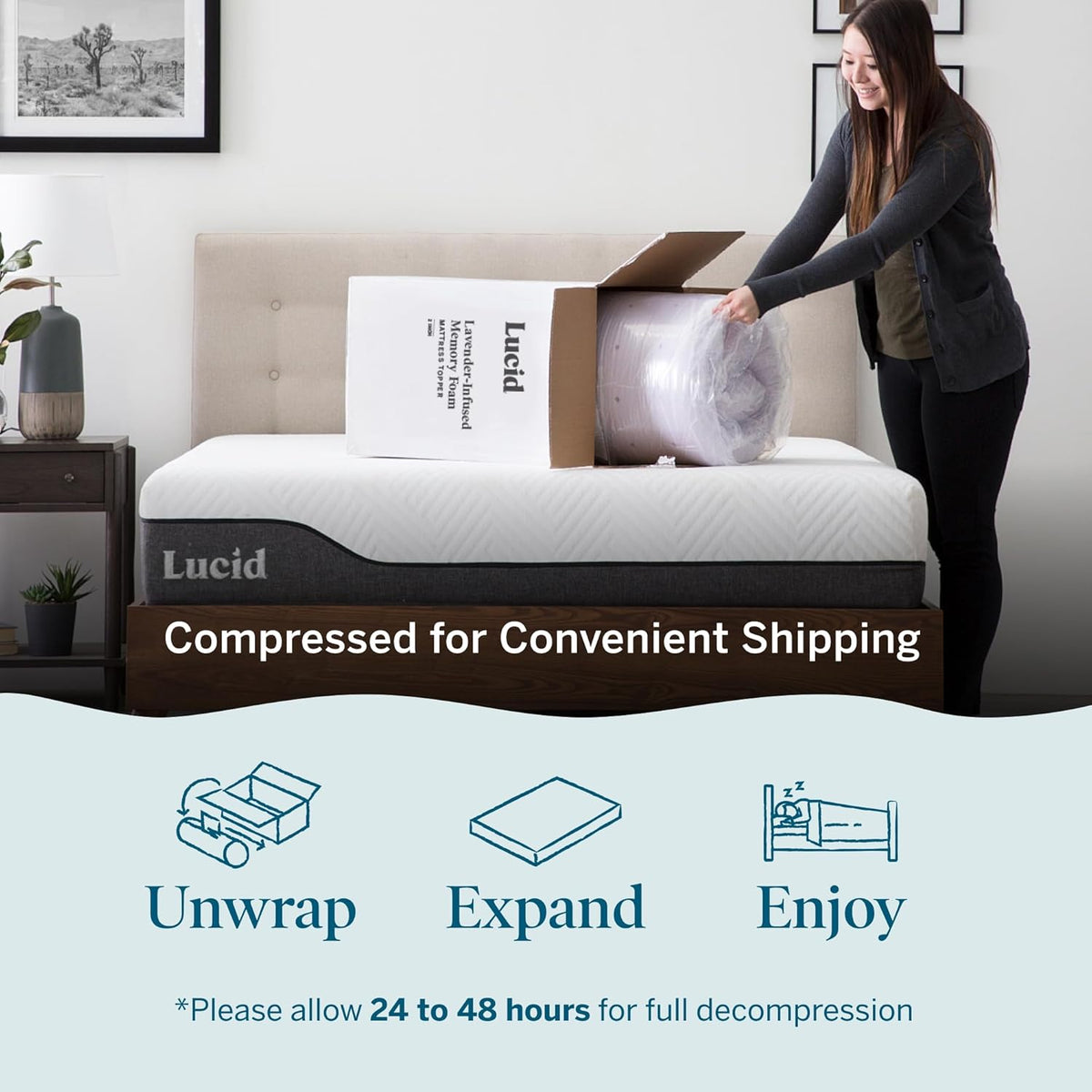 Lucid 4 Inch Lavender Infused Memory Foam Mattress Topper - Ventilated Design – Pressure Relieving Bed Topper - Mattress Pad – CertiPur Certified - California King Size