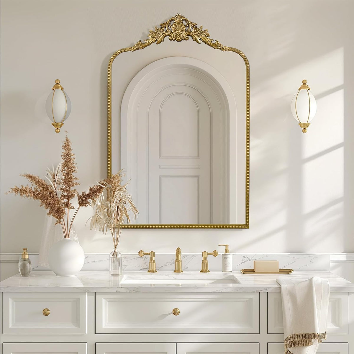 G-LEAF Vintage Baroque Mirror 24"X36",Arched Mantel Victorian Antique Farmhouse Mirror with Gold Ornate Metal Frame for Fireplace Entryway Living Room Hallway Bathroom