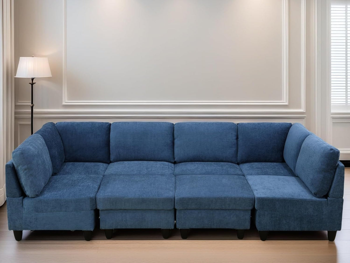 U Shaped Sectional Couch, Convertible Modular Sectional Sofa with Ottomans, 8 Seat Comfy Corner U Shaped Couch Lounge Modern Modular Couches for Living Room Apartment, Blue
