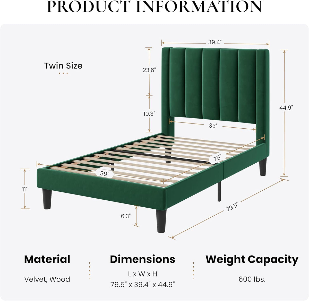 SHA CERLIN Twin Bed Frame/Velvet Upholstered Platform Bed Frame with Headboard/Strong Wood Slats Support/Mattress Foundation/No Box Spring Needed - Green