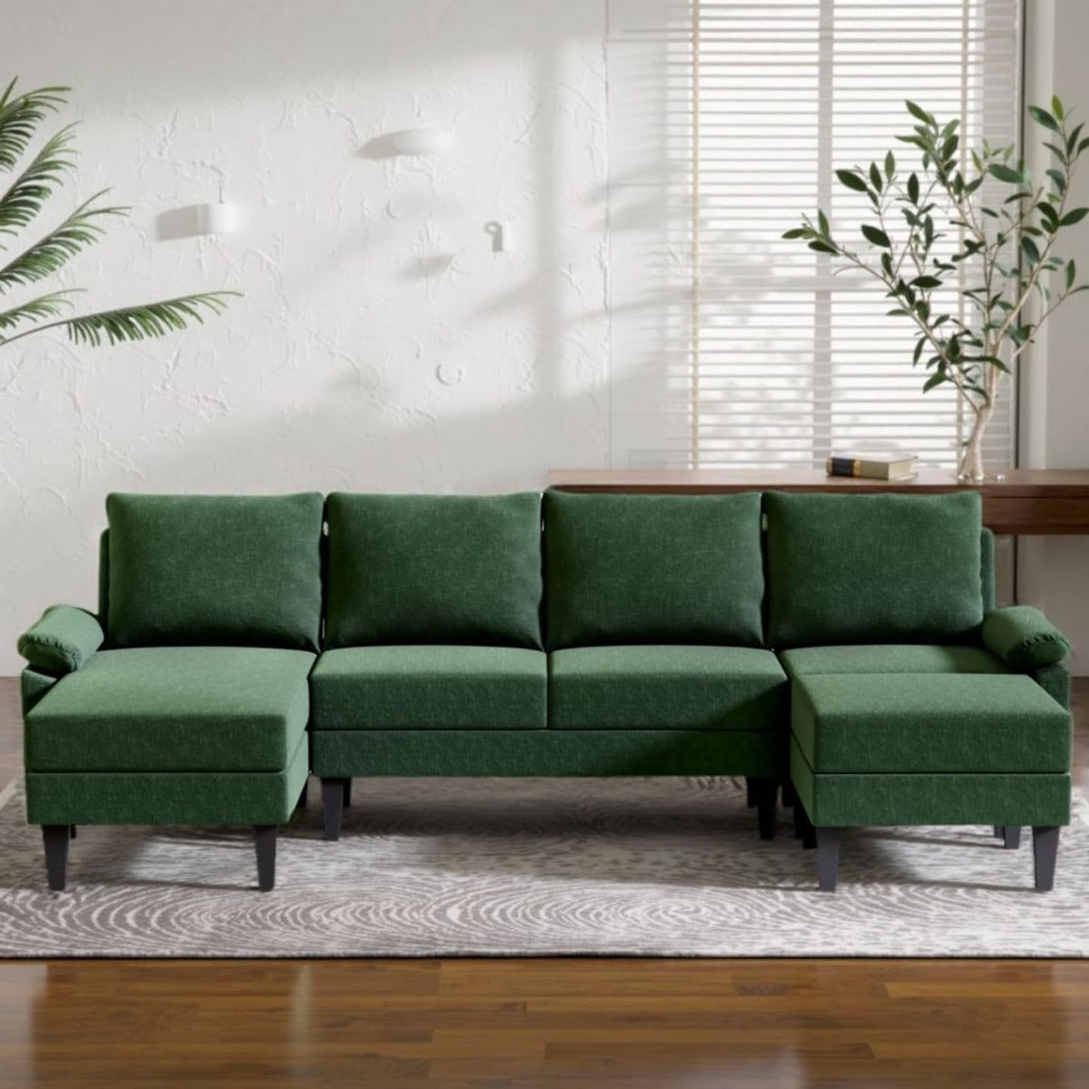 110 Inch U Shaped Sectional Couch with Storage Space, 6-Seat Sofa with Moveable Ottoman, Modern Modular Sofa for Living Room, Apartment, Green