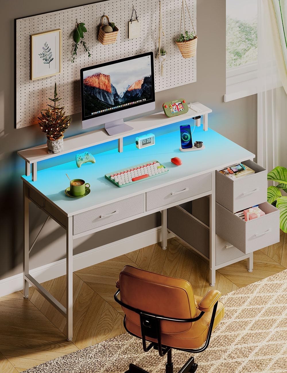 Seventable Computer Desk with Power Outlets & LED Light, 55 inch Home Office Desk with 5 Drawers, Writing Desk with Monitor Stand, Work Desk for Home Office, White
