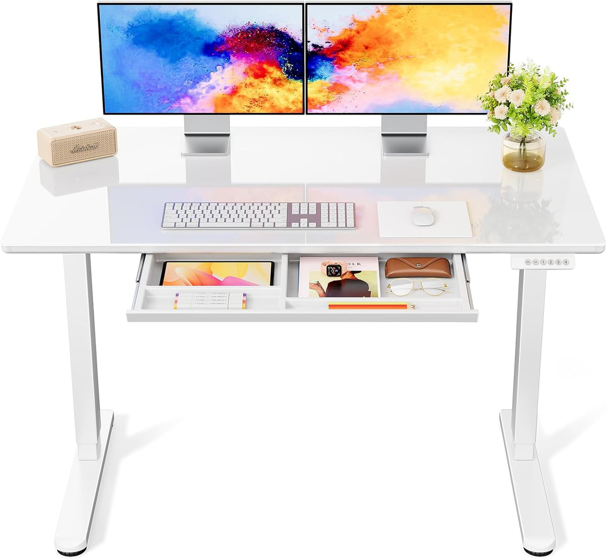 Marsail Glass Electric Standing Desk with Drawer, 48 x 24 Inches Height-Adjustable Desk, One-Piece Tempered Glass Top, Ergonomic Home Office Sit Stand Desk with 4 Preset Heights, White