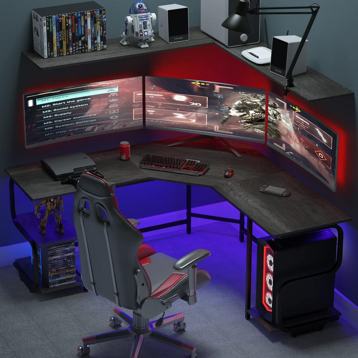 Teraves Modern L Shaped Desk with Shelves,64.84" Gaming Computer Desk for Home Office,Corner Desk with Desktop (Black Oak+Black Frame, Large+4 Tier Shelves)