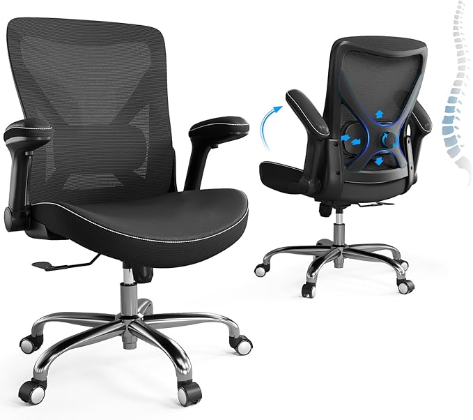 Office Home Ergonomic Desk Chair-Computer X-Shaped Chair Mesh PU Leather with Adjustable Lumbar Support-Executive Chair High Back Flip-Up Arms for Long Hours (Black-No Headrest)