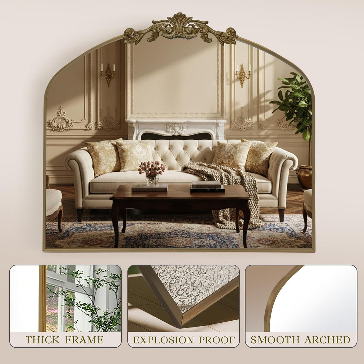 MISSDAY Vintage Retro Bronze Baroque Mirror for Wall, 36"X30" Arched Antique Wall Mirror with Elegant Carving Top, Full Metal Frame Wall-Mounted Mirror for Bathroom, Living Room, Fireplace, Entryway