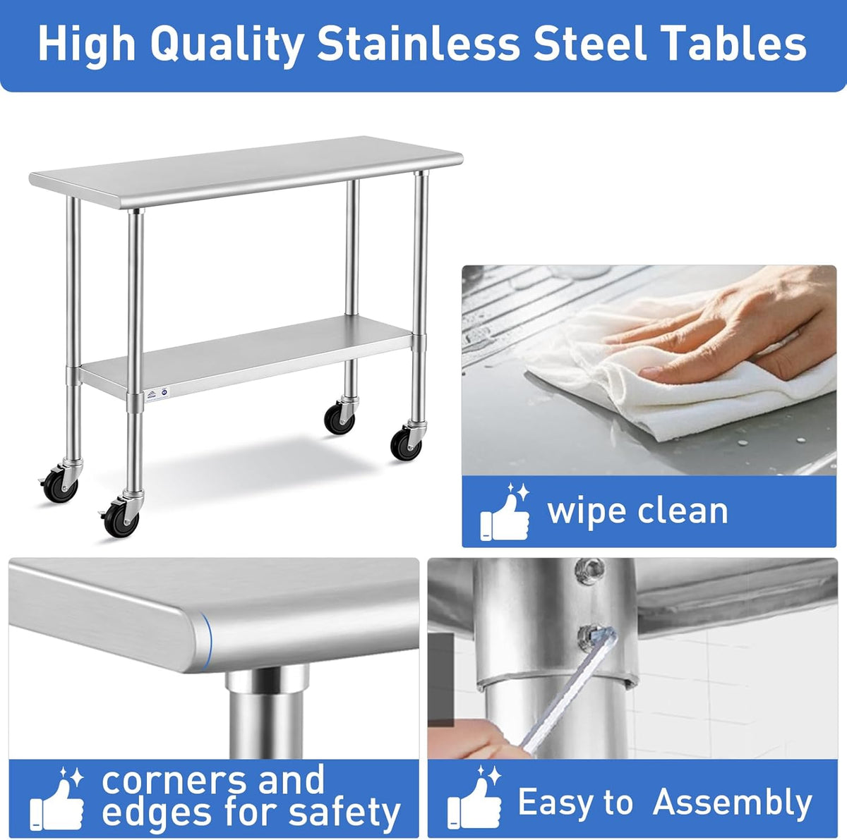ROCKPOINT Stainless Steel Table for Prep & Work with Caster Wheels 24x48 Inches, NSF Metal Commercial Kitchen Heavy Duty Table with Adjustable Under Shelf and Table Foot for Restaurant, Home and Hotel