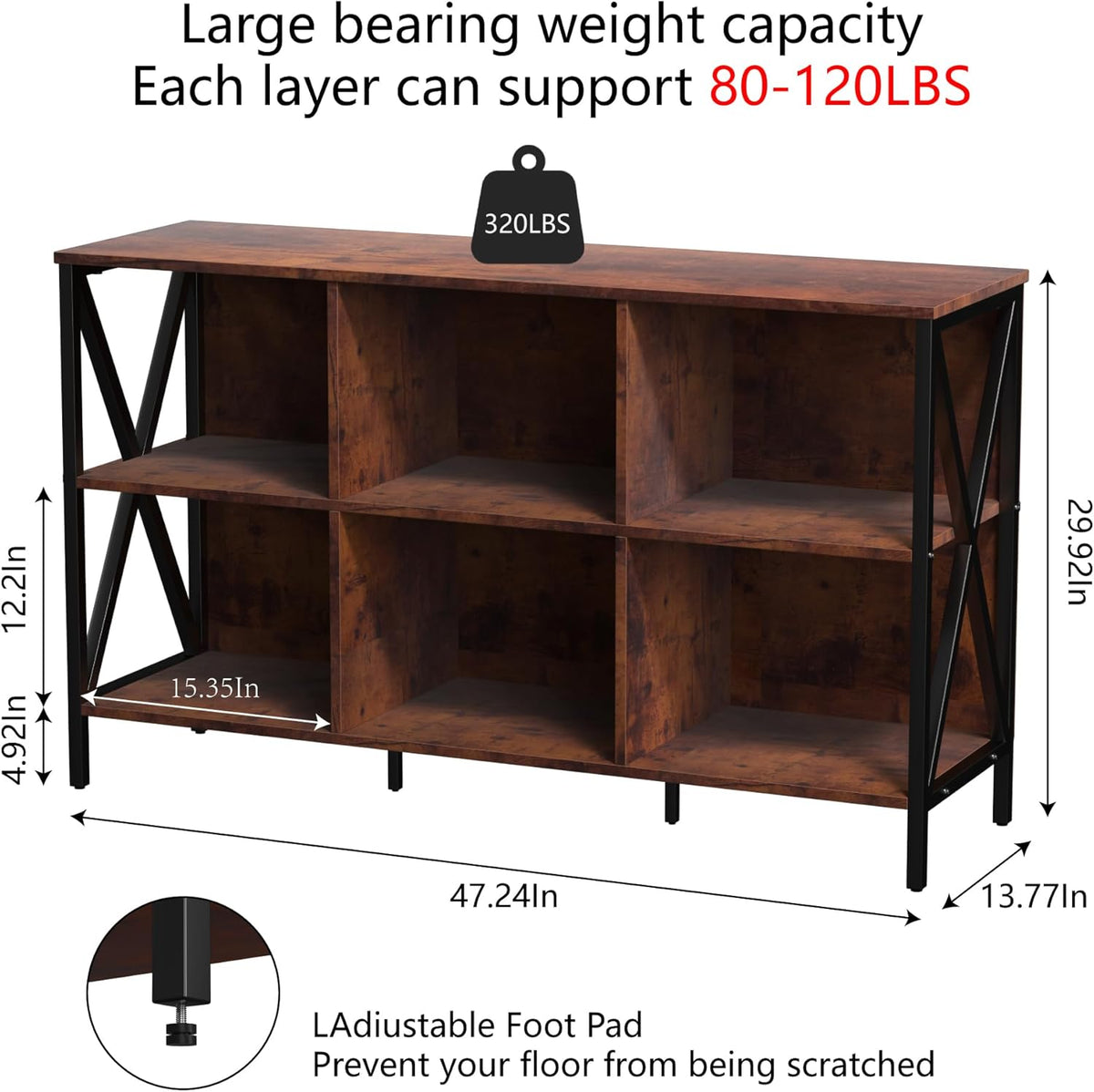 Horizontal Bookshelf Bookcase,Cube Storage Organizer Shelf,Industrial Wide Bookcase with Storage,Low Short Wide Cubby Shelves,Rustic Farmhouse Shelf for Office Bedroom Living Room,47 in(Brown,6 Cube)