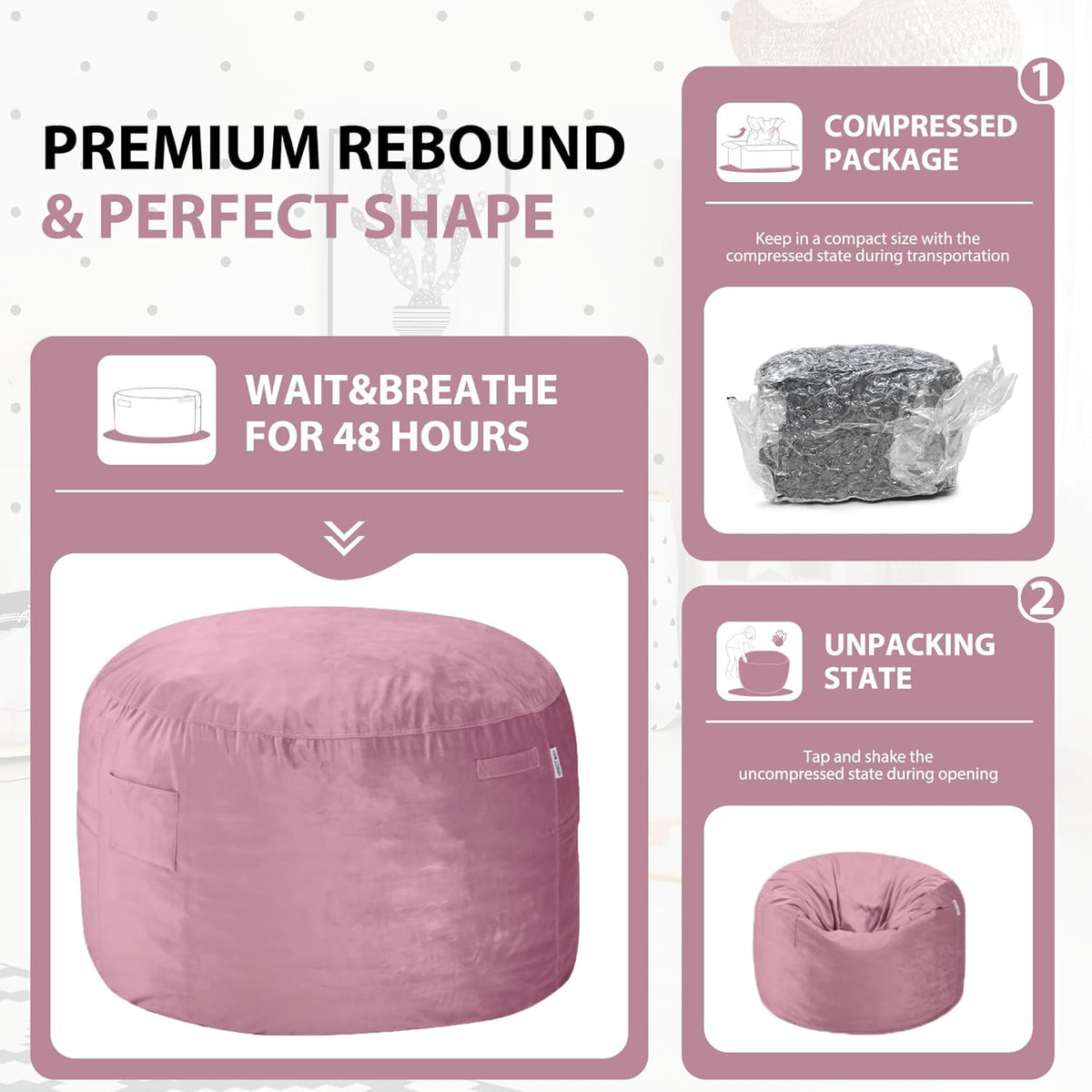 HABUTWAY Bean Bag Chair 3Ft Luxurious Velvet Ultra Soft Fur with High Rebound Memory Foam Bean Bag Chairs for Adults Plush Lazy Sofa with Fluffy Sponge 3' (Soft Pink)