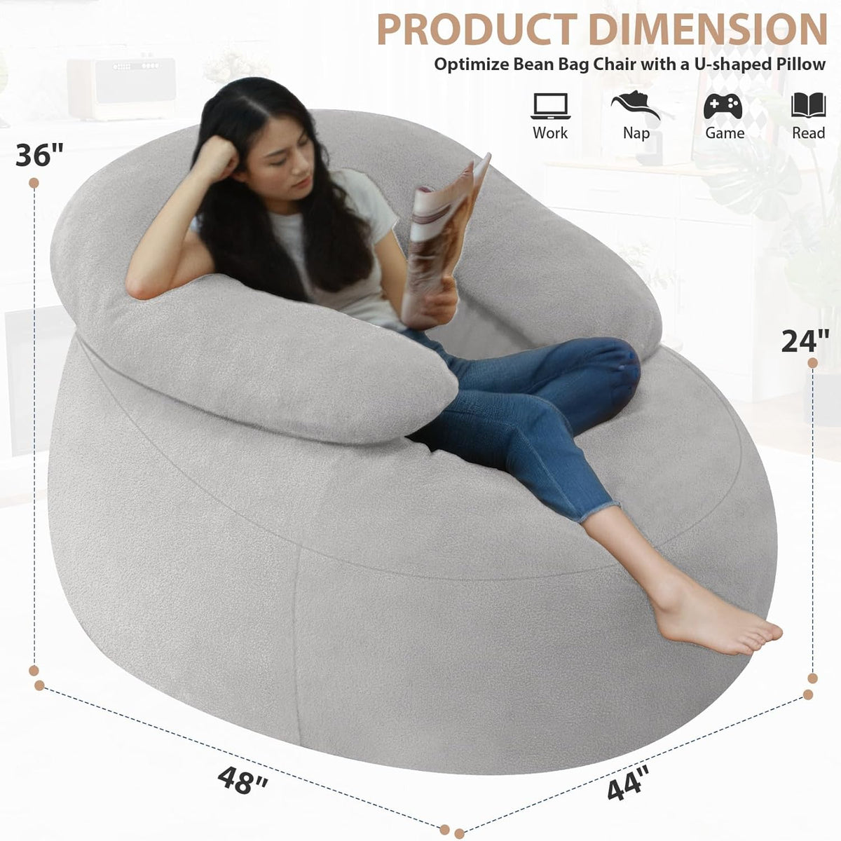 HABUTWAY Bean Bag Chair with U-Shaped Pillow for Adult and Kids Big BeanBag Chair with Filling Ultra Soft Teddy Fleece Couch Chair with Washable Cover for Living Room Bedroom, Light Grey & Light Grey
