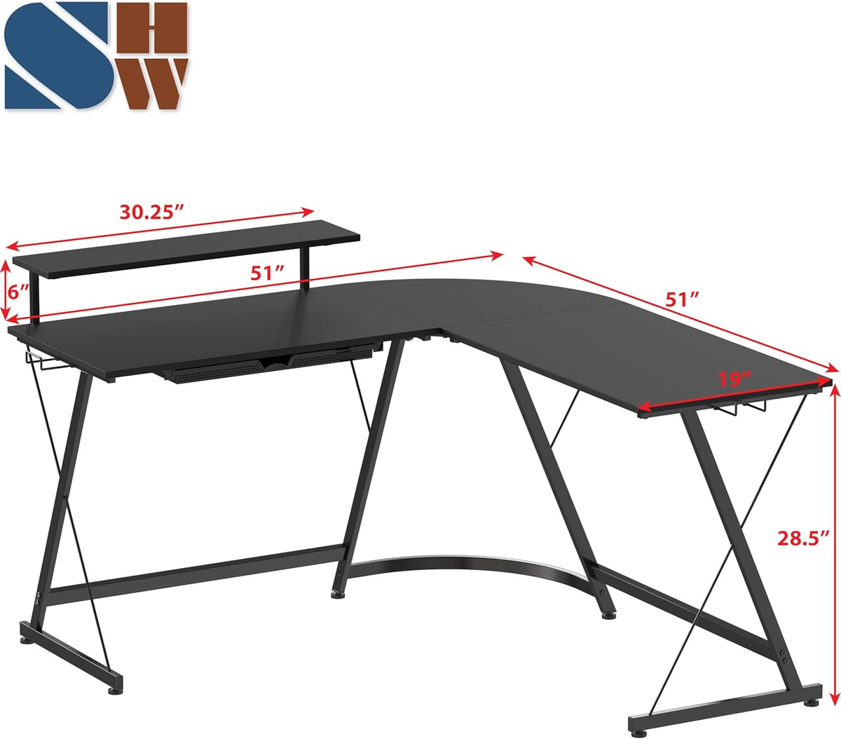SHW 51 x 51 Inches Vista L-Shaped Desk with Monitor Stand and Drawer, Black