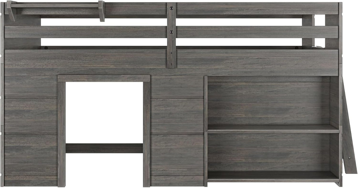Max & Lily Modern Farmhouse Twin Low Loft Bed with Bookcase - Solid Wood, 15” Guardrails, 400-lb Capacity, Low-VOC Finish, Driftwood