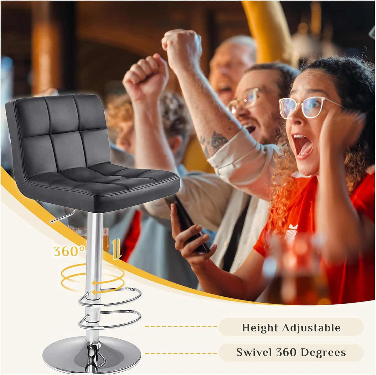 DUMOS Bar Stools Set of 2, Armless Adjustable Swivel Barstools, PU Leather Hydraulic Kitchen Counter Height Bar Stools, Thickened Seat Cushion Square Island Barstools with Back, Inky